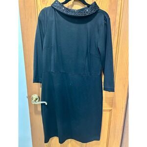 Talbots Womens Black Sequin Collar Sheath Dress 3/4 Sleeve Size 10 Holiday Party